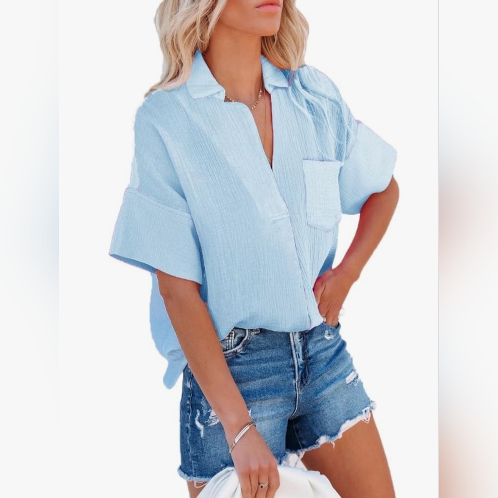 Paintcolors | Light Blue Textured Cotton Gauze Blouse